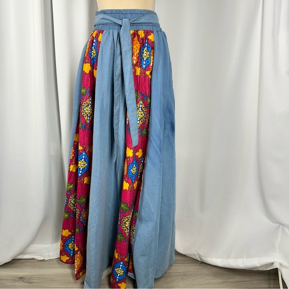 african heart Dresses & Skirts - Boho Patchwork Denim Maxi Skirt Dashiki Tribal Print Elastic Waist One Size